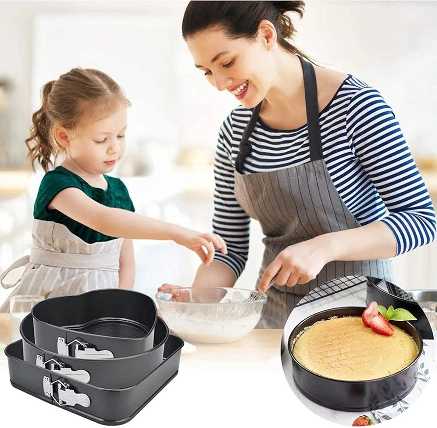 3-Piece Non-Stick Springform Cake Pan Set (Heart, Round & Square) - My Store