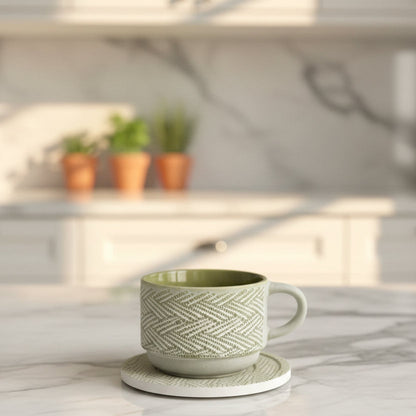 Danny Home™ Embossed Ceramic Tea Cup & Saucer 6 pcs Set – 230ml
