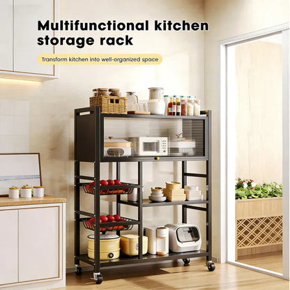 Multi-Functional Kitchen Storage Rack & Organizer Cart with Fluted Glass Cabinet