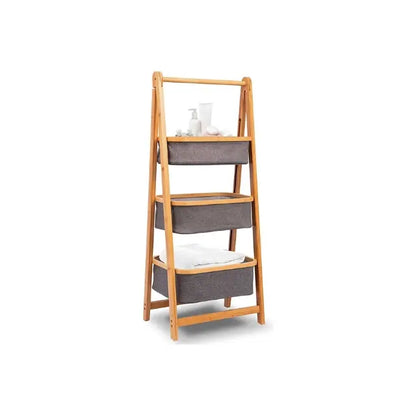 2/3-Tier Natural Bamboo Storage Rack with Fabric Baskets – Foldable & Multi-Purpose