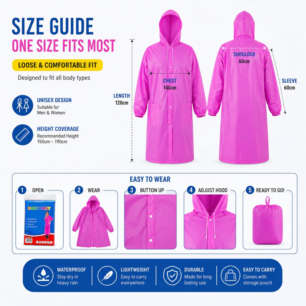 Unisex Lightweight Reusable Waterproof Pocket Raincoat with Hood & Drawstring