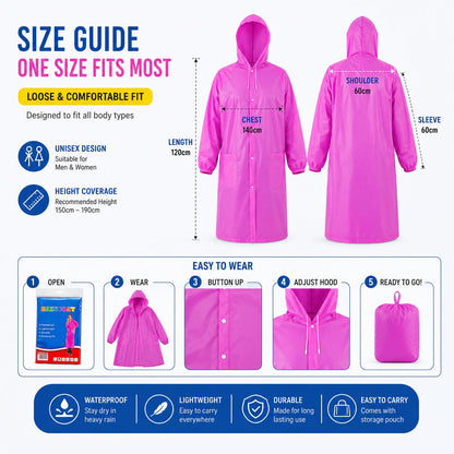 Unisex Lightweight Reusable Waterproof Pocket Raincoat with Hood & Drawstring