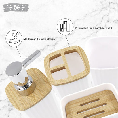 Modern 4-Piece Bathroom Accessory Set – Bamboo & White/Black