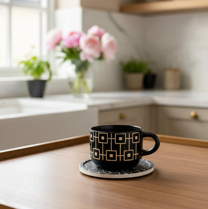 Danny Home™ Embossed Ceramic Tea Cup & Saucer 6 pcs Set – 230ml