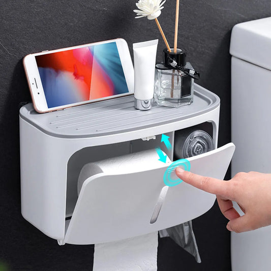 2-Tier Waterproof Wall-Mounted Toilet Paper Holder with Shelf - My Store