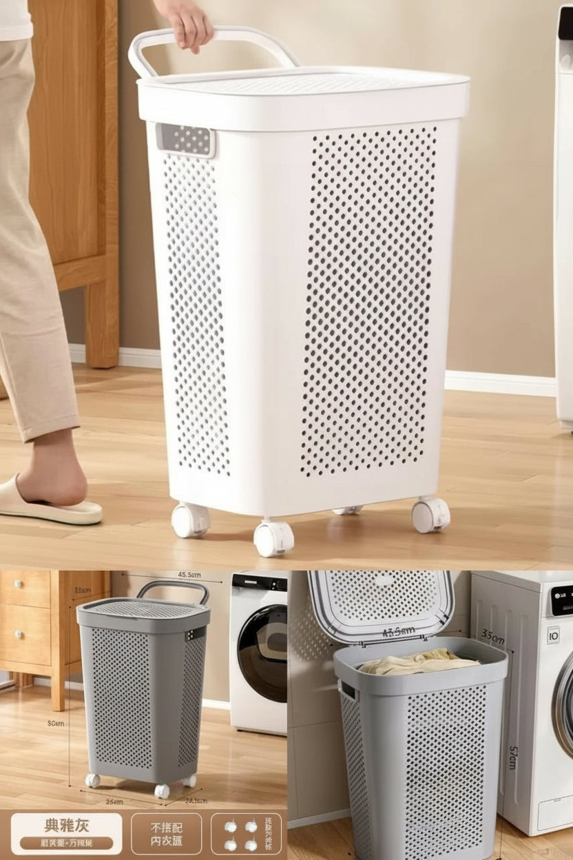 White & Grey Slim Laundry Hamper 60L Capacity Clothes Basket with Lid for Wardrobe Storage