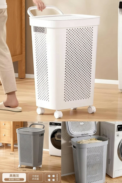 White & Grey Slim Laundry Hamper 60L Capacity Clothes Basket with Lid for Wardrobe Storage