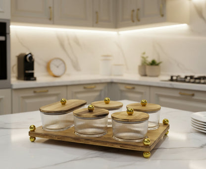 Luxury Fluted Glass Spice & Condiment Jar Set with Wooden Tray & Gold Accents