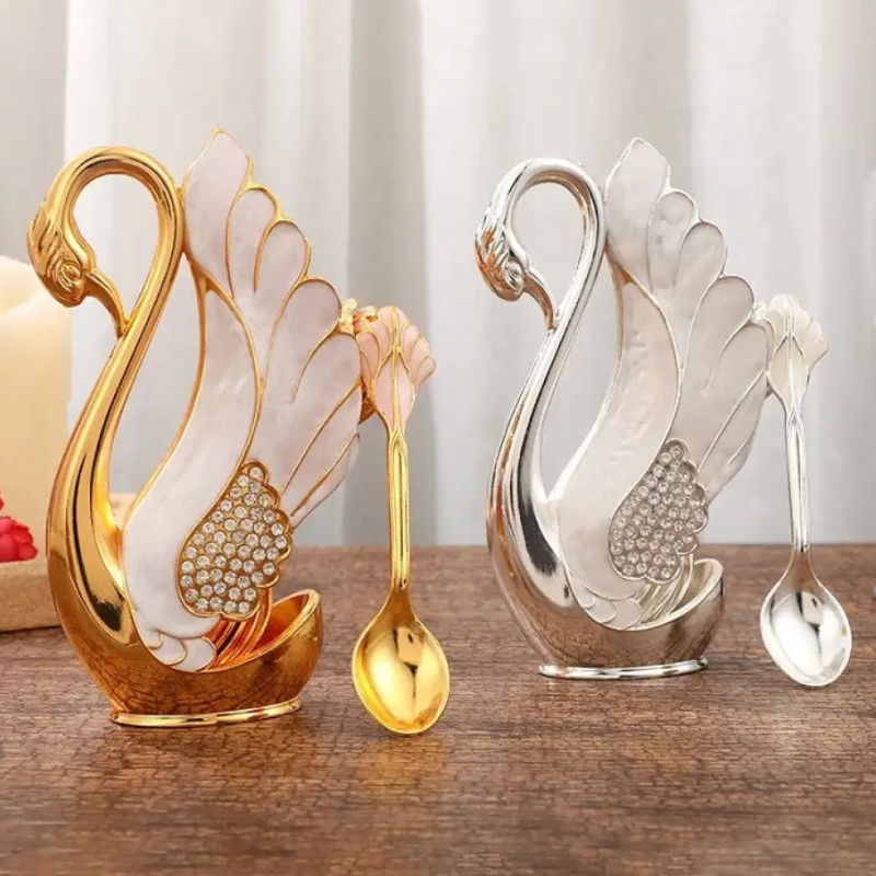 Elegance Enamel Swan Cutlery Holder with 6 Spoons