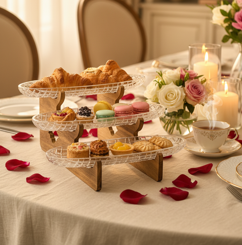 Walnut 3-Tier Crystal Glass Serving Tray Set with Wooden Stand