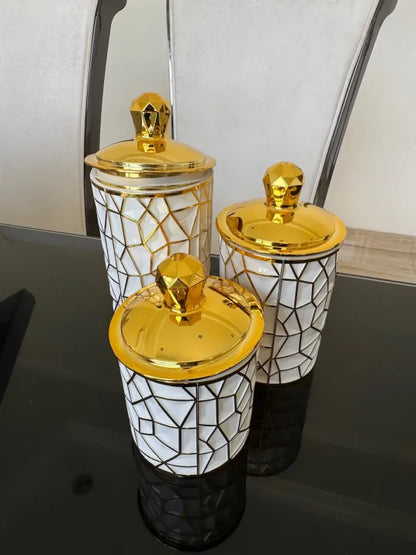 3 Pcs Geometric Luxury Airtight Jar Set – White & Gold - My Store