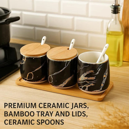 Premium Grey Aurora Marble Ceramic Condiment Jar Set – 3 Pieces (350ml Each)