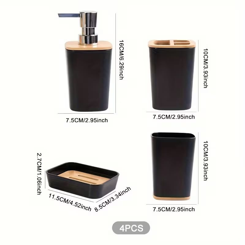 Modern 4-Piece Bathroom Accessory Set – Bamboo & White/Black