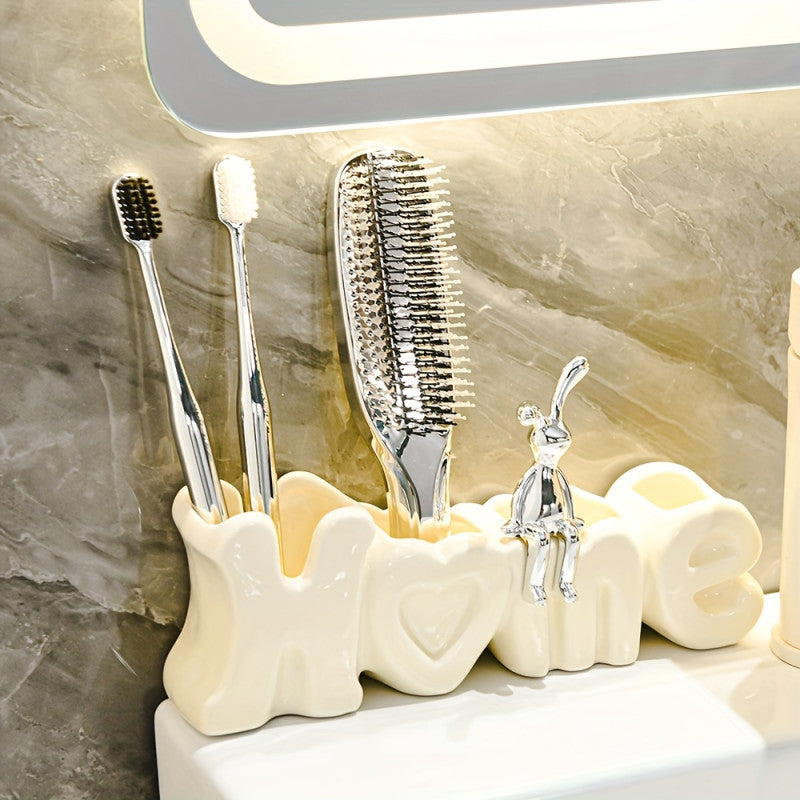 Ceramic "HOME" Bathroom Organizer & Toothbrush Holder