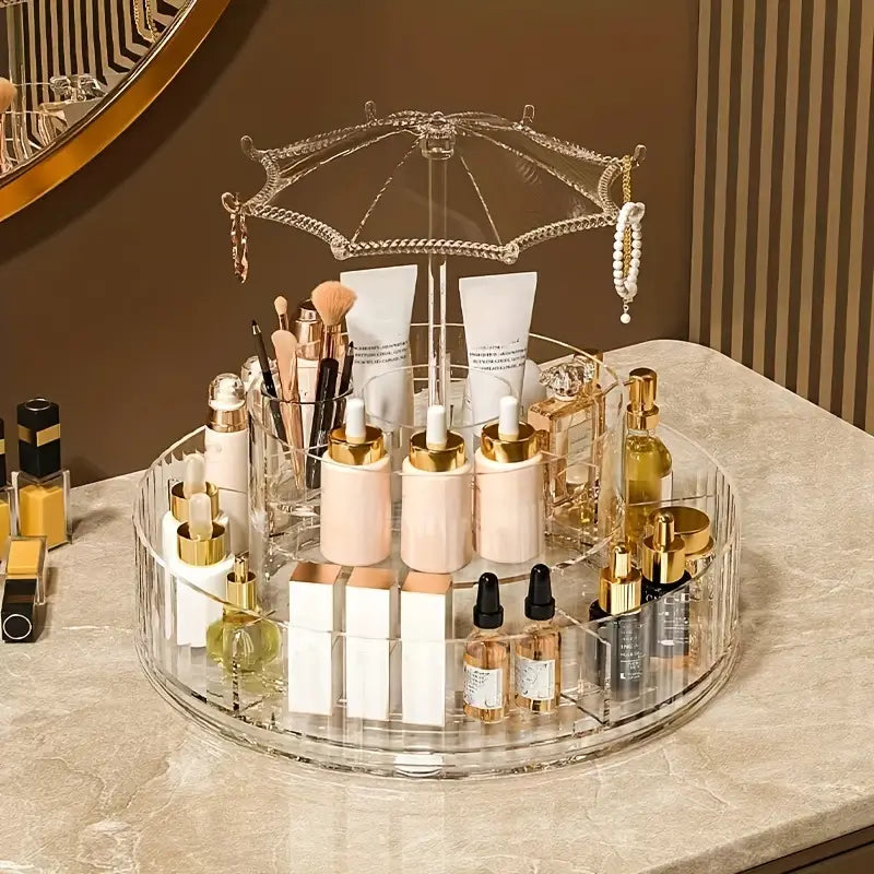 Umbrella Makeup Organizer – Transparent 360° Rotating Cosmetic Storage Box