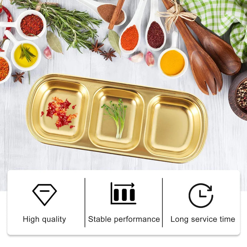 3-Compartment Stainless Steel Sauce & Condiment Tray (Golden) - My Store