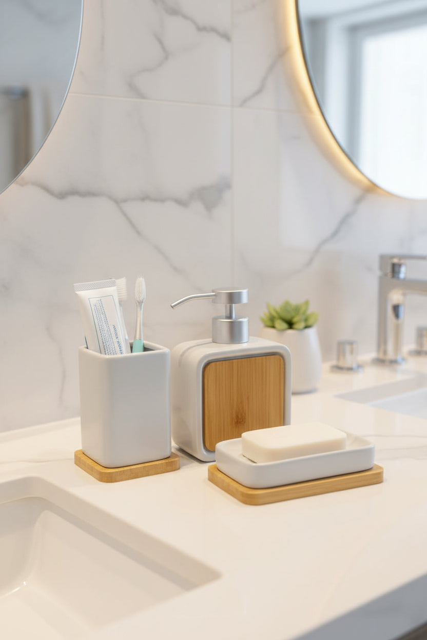 Luxury Minimalist 3-Piece Bathroom Accessory Set with Bamboo Accents
