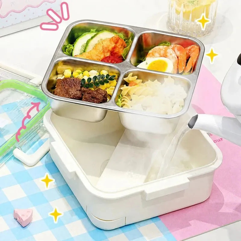 304 Stainless Steel 4 Compartment Lunch Box with Cutlery Storage