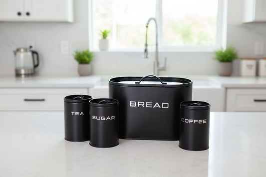 Vintage 4-Piece Kitchen Storage Set (Bread Box + Tea, Coffee & Sugar Canisters)
