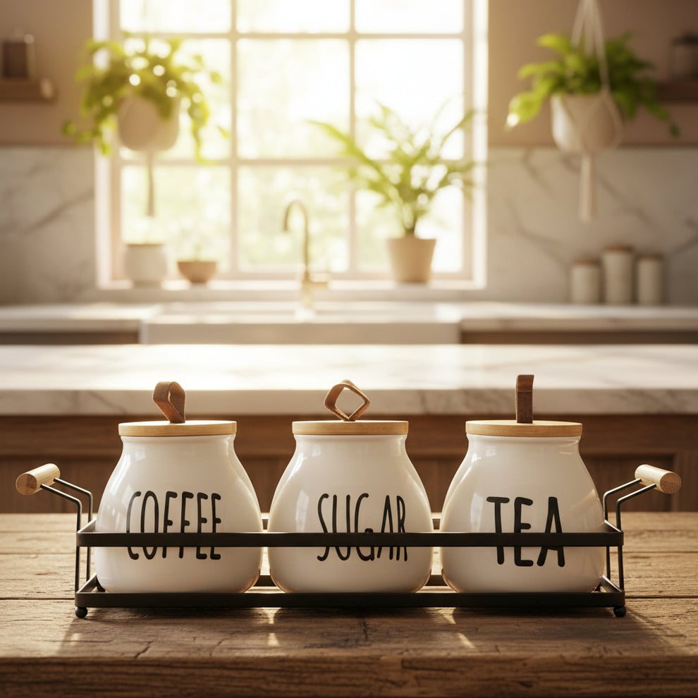 3-Piece Ceramic Tea, Sugar & Coffee Canister Set with Metal Rack & Wooden Lids